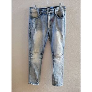 Fbrk Men's Light Wash Blue Zip Fly Distressed Biker Denim Jeans Size 34/34